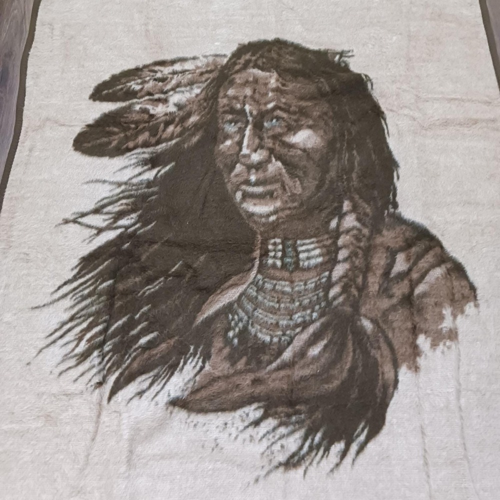 Vintage Ibena Native American Chief Plush Fleece Blanket Brown Tan 57x73 Greece